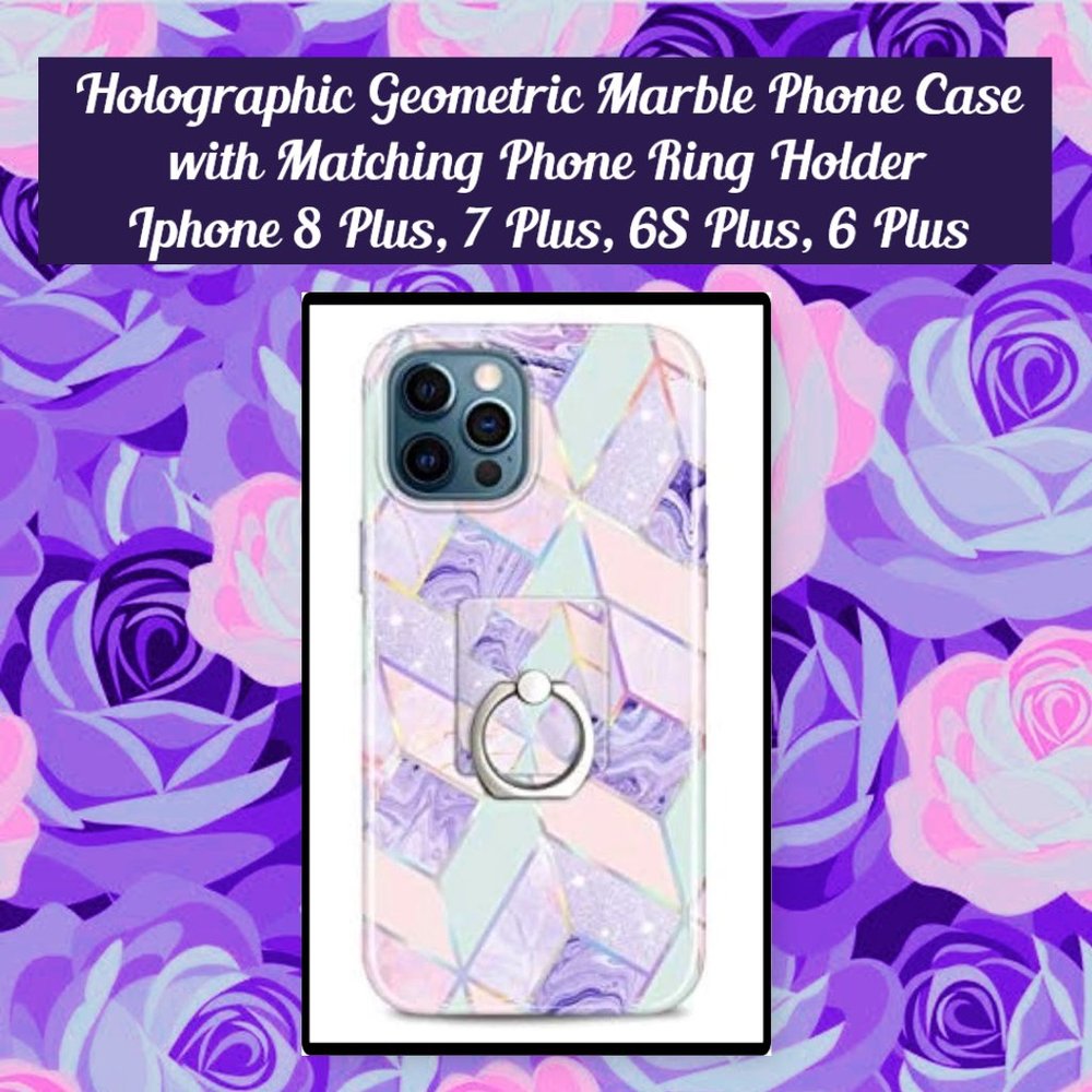 IPhone 8 Plus Holographic Geometric Marble Case & Matching Phone Ring Holder